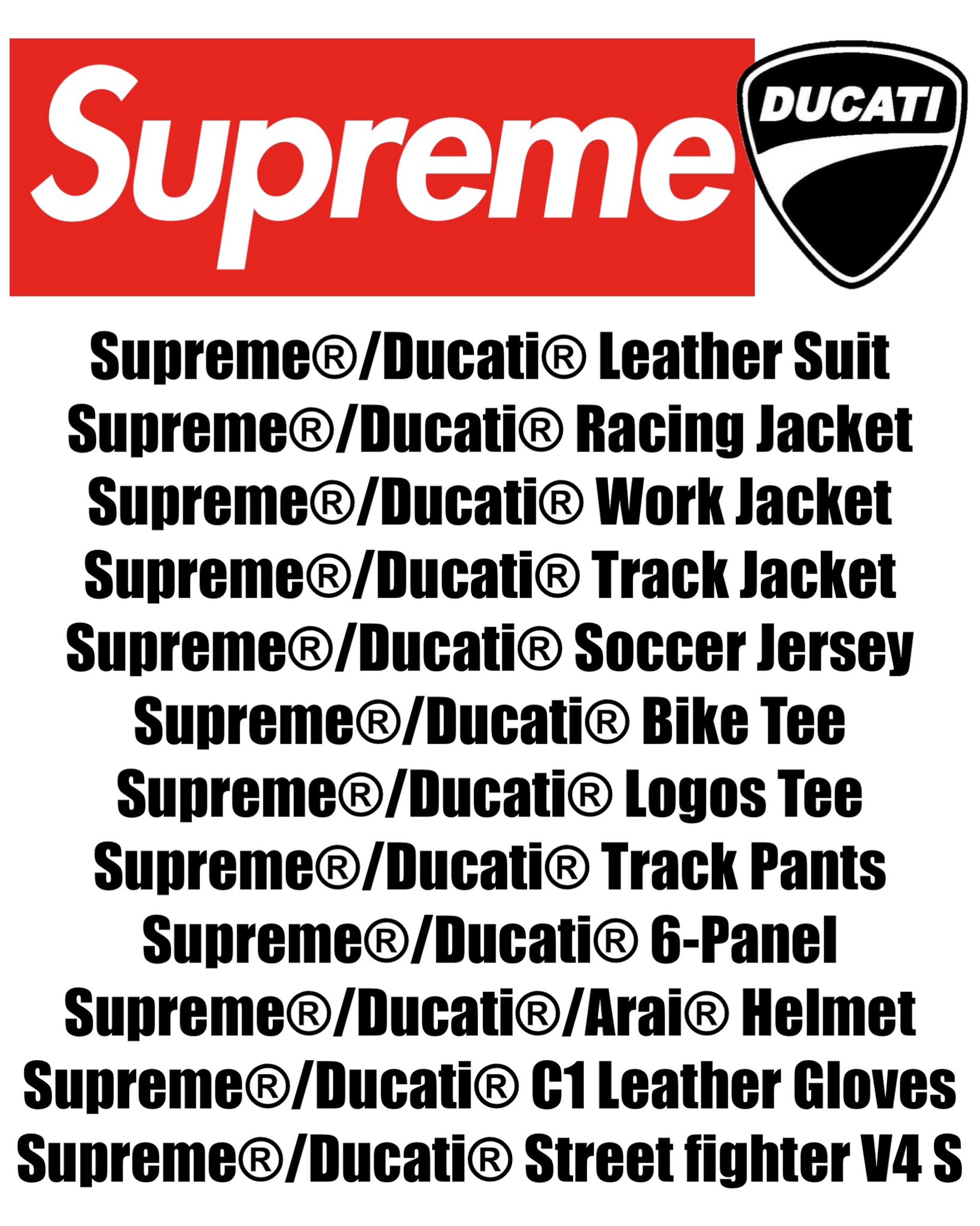 Supreme × DUCATI によるコラボコレクションのドロップリストが公開