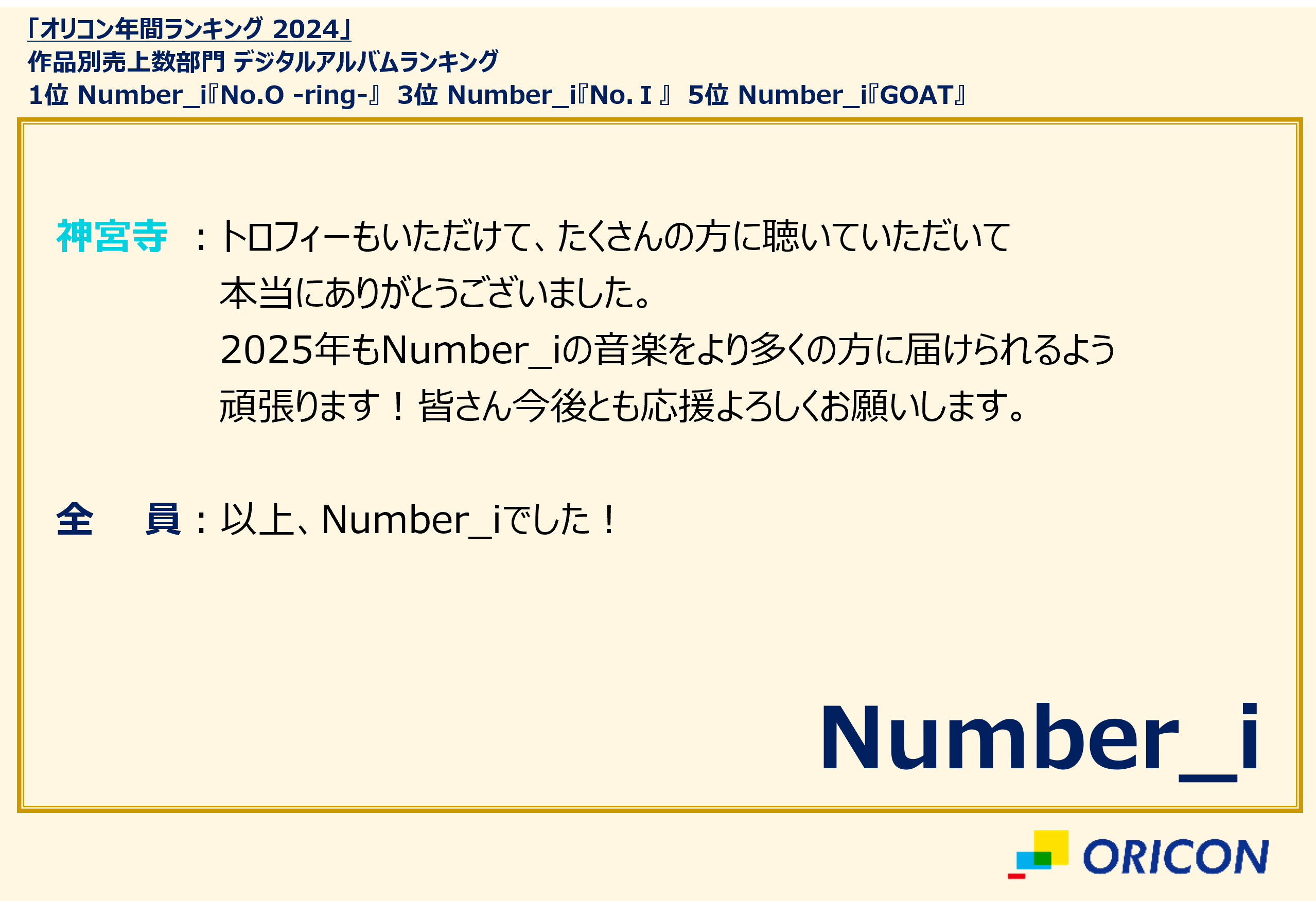 Number_i が オリコン年間ランキング2024のデジタルアルバムランキングで1位を獲得