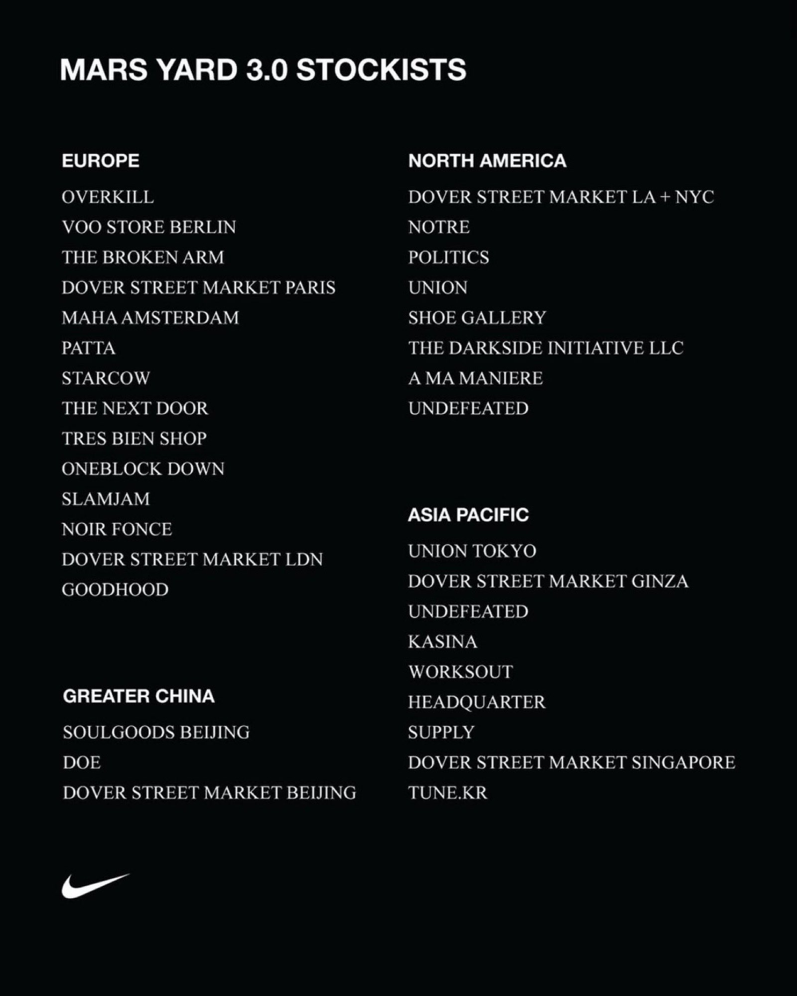 Tom Sachs × NIKE MARS YARD 3.0 の取扱店一覧が公開