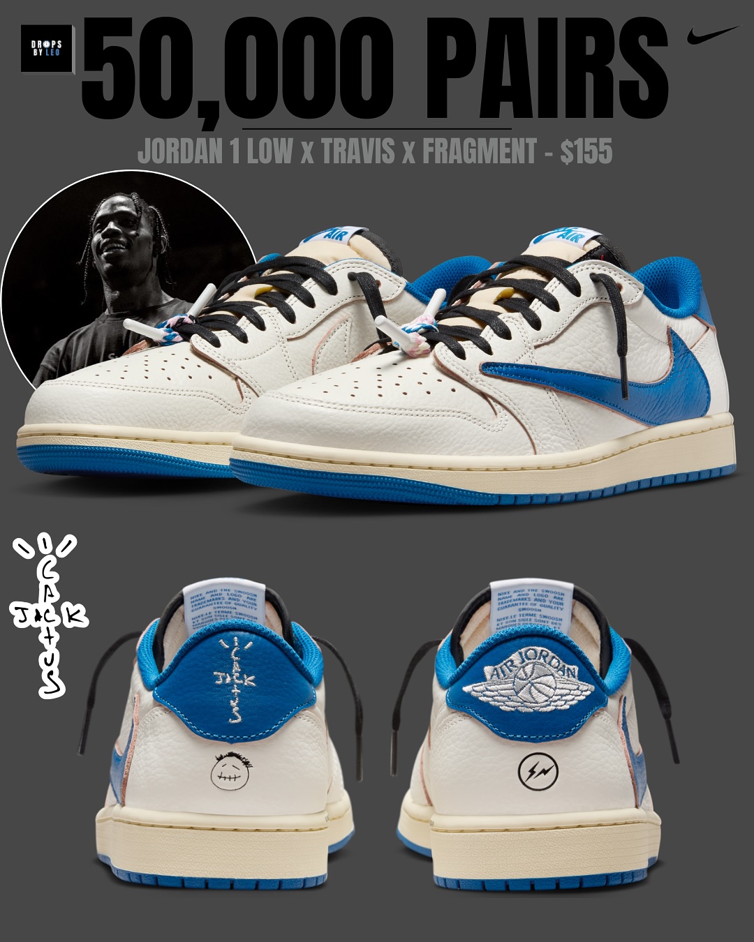 Travis Scott × fragment design × NIKE AIR JORDAN 1 LOW “Sail/Military Blue” は4万～5万足が発売か