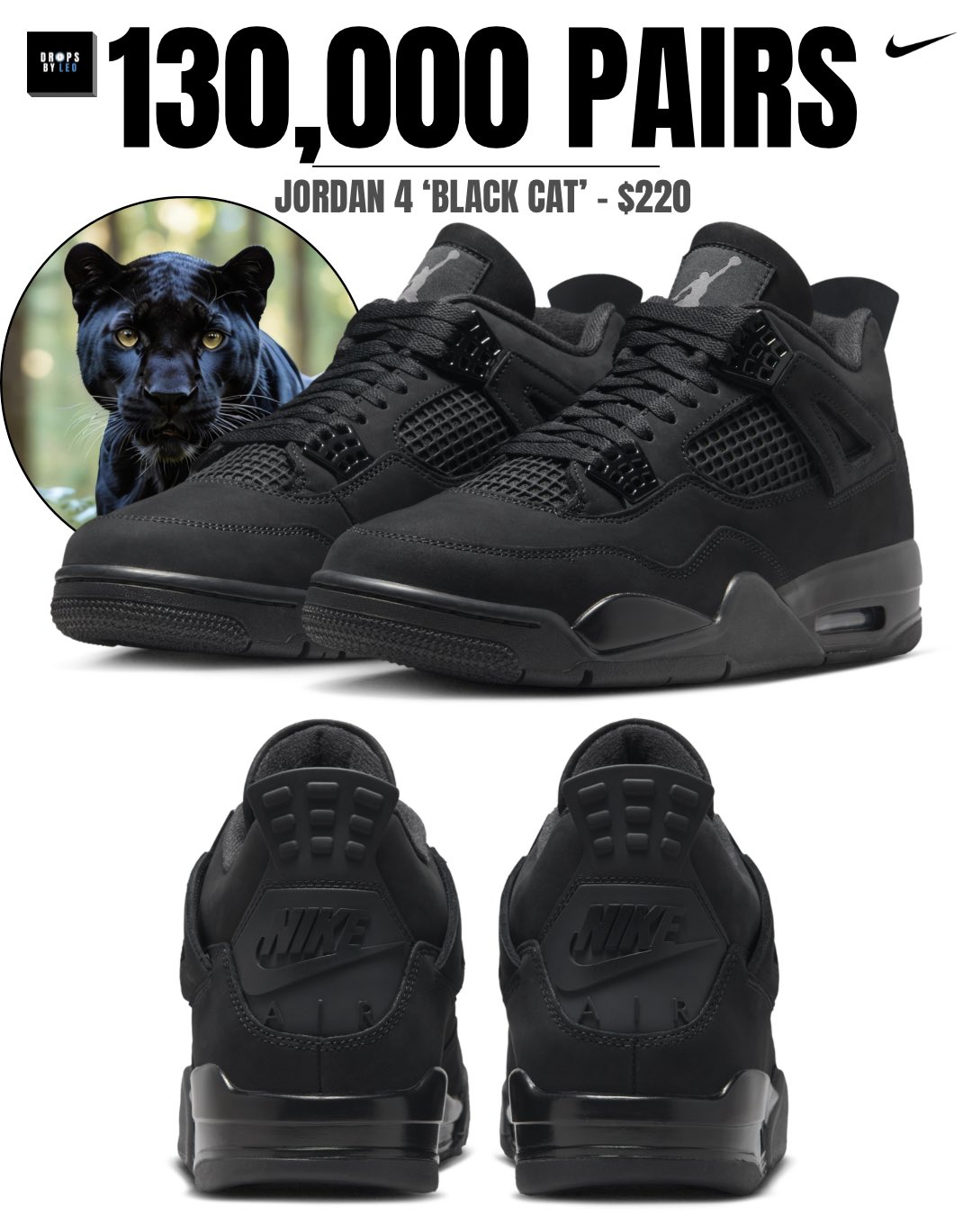NIKE AIR JORDAN 4 RETRO “Black Cat” が11月28日(金)に約13万足がリリース予定