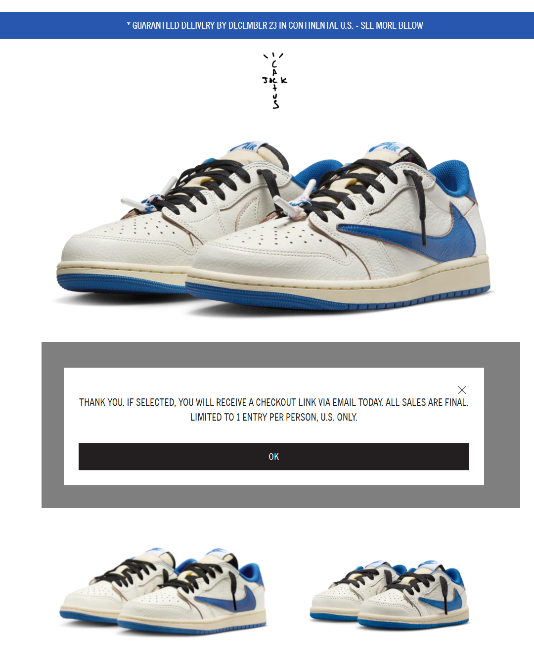 Travis Scott × fragment design × NIKE AIR JORDAN 1 LOW “Sail/Military Blue” が公式オンラインにて発売